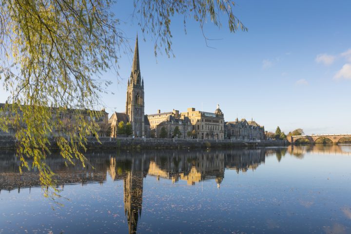 Looking toward St Matthew's Church on the River Tay, Perth.